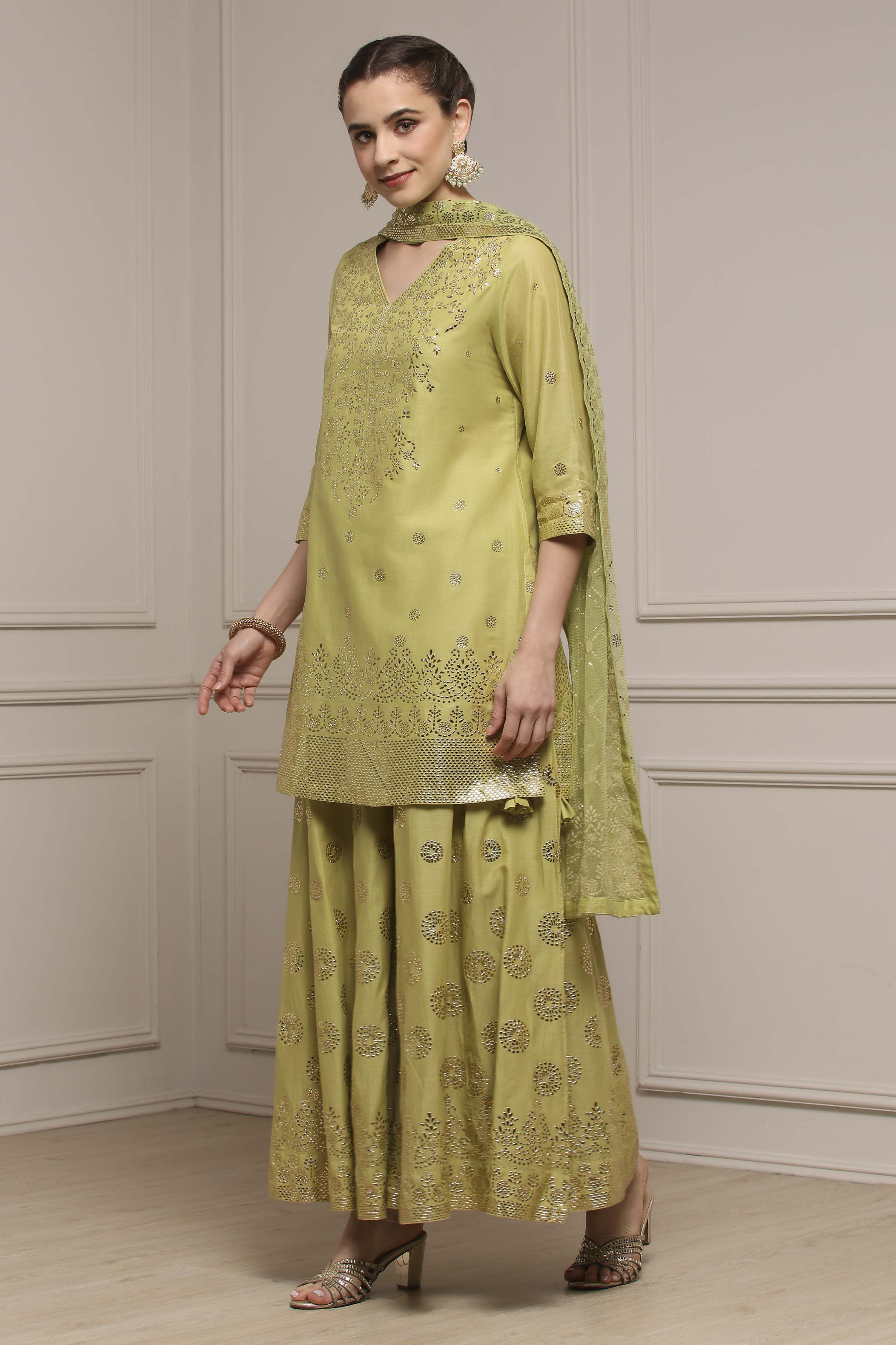 Green Cotton Metallic Pattern Sharara Suit Set image number 3