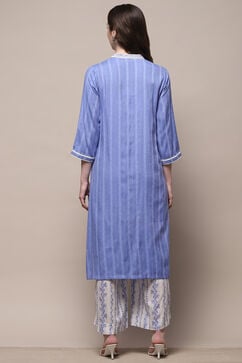 Blue Cotton Blend Straight Suit Set image number 5