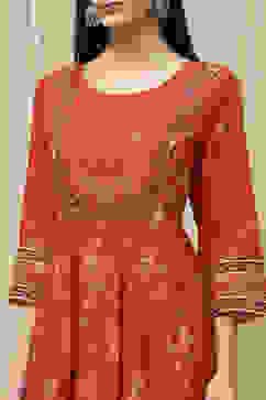 Orange Cotton Printed Anarkali Suit Set image number 1