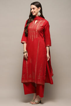 Deep Red Cambric Relaxed Kurta Palazzo Suit Set image number 4