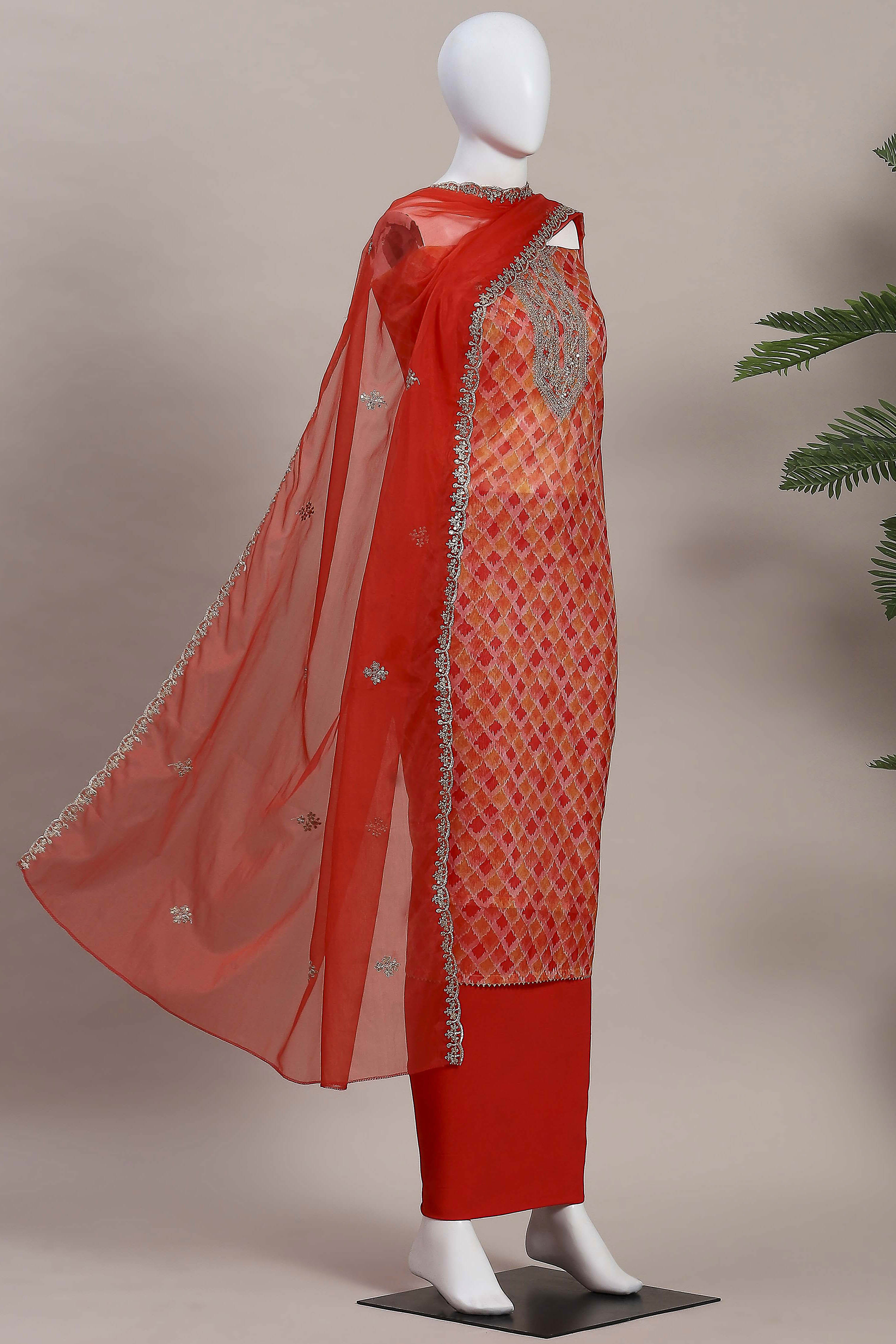 Peach-Colored Organza Rajasthani Print Unstitched Suit Set image number 4