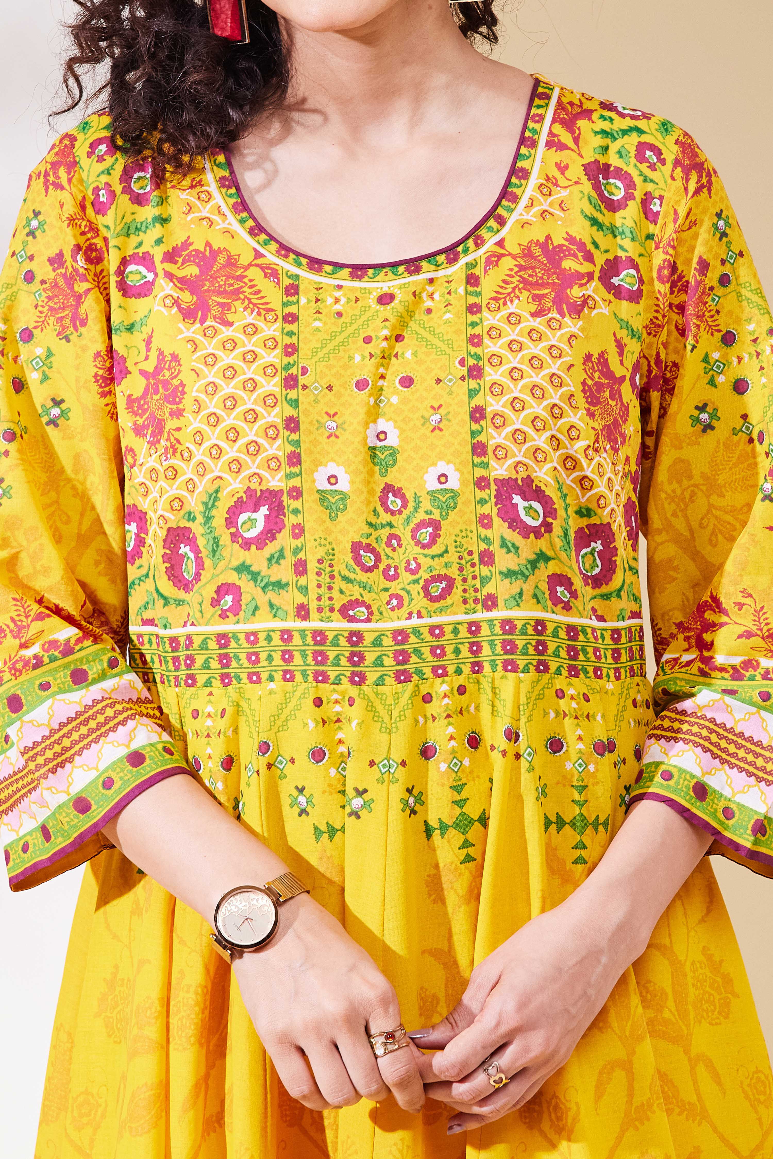 Yellow Cotton Anarkali Suit Set image number 1