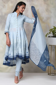 Powder Blue Cotton Asymmetric Kurta Churidar Suit Set image number 6