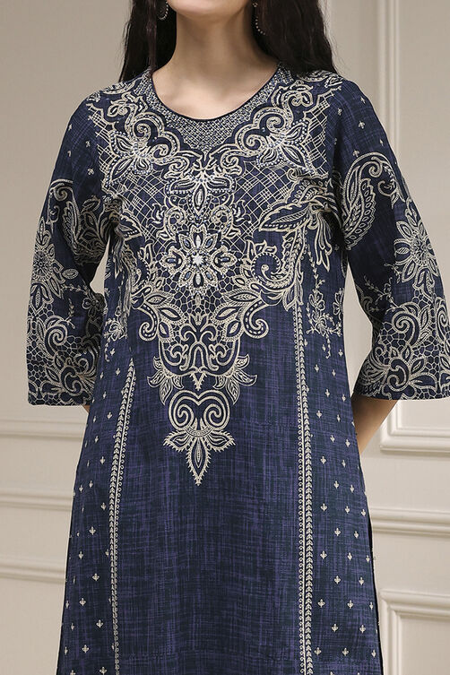 Blue Pure Cotton Printed Straight Suit Set image number 1