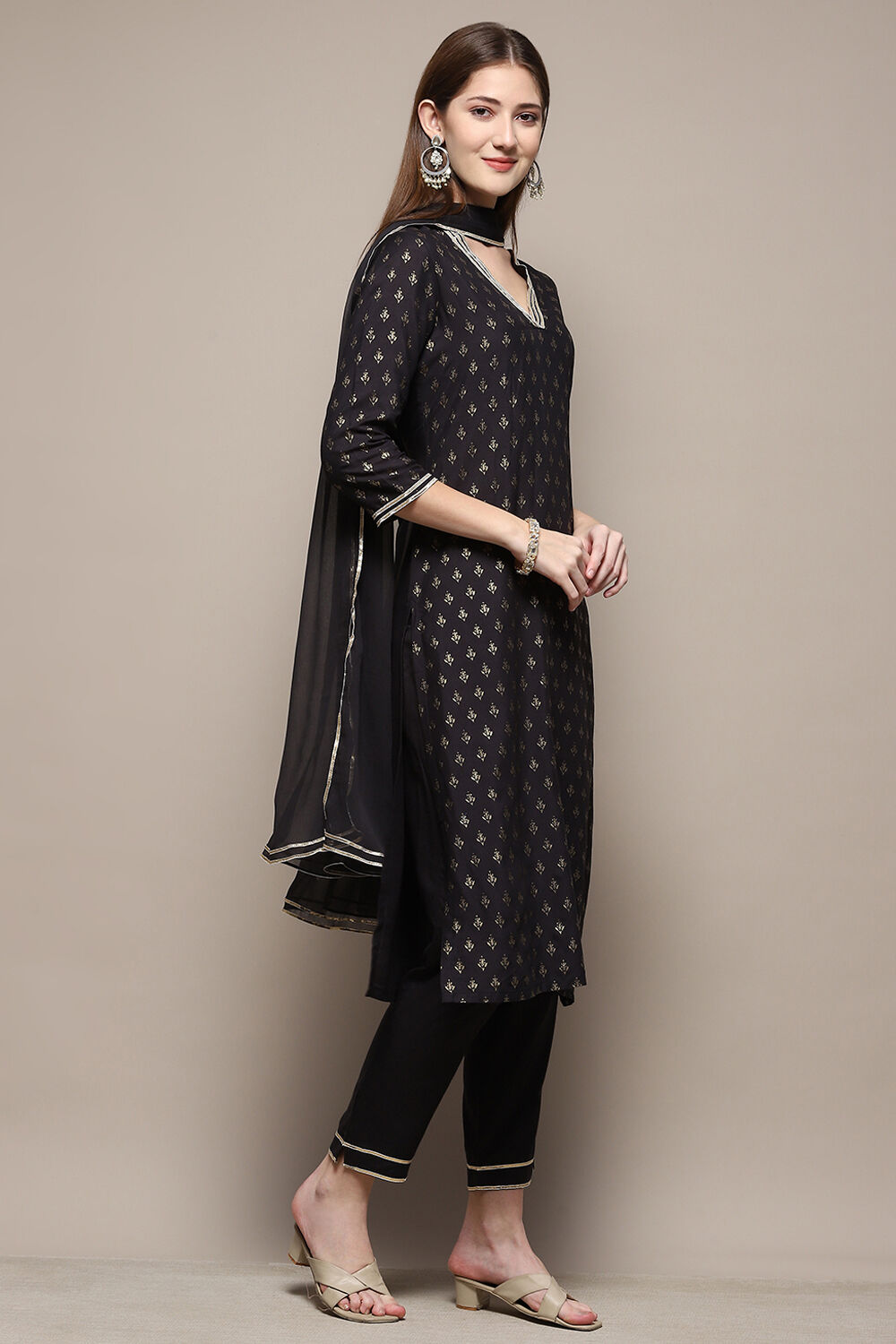 Black Rayon Straight Kurta Pant Suit Set image number 6