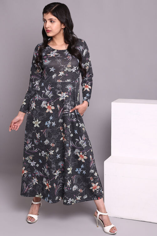 Charcoal Grey Woolen Printed Dress image number 3