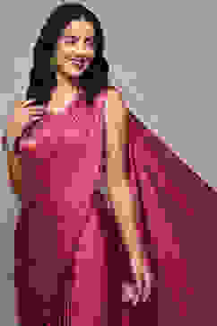 Plum Pre-Draped Saree & A Stitched Blouse With Floral Prints image number 1