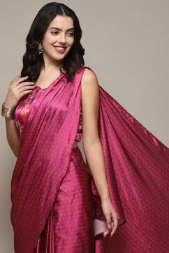PlumPolyester Pre-draped Saree & A Stitched Blouse With Floral Prints image number 1