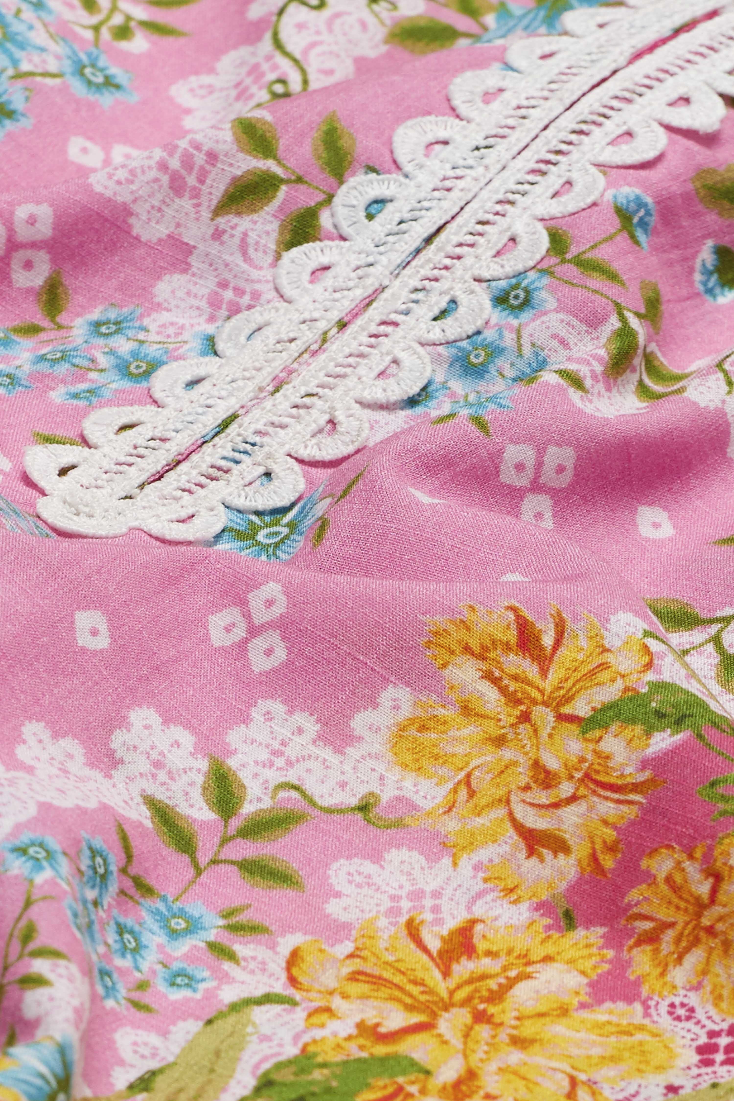 Pink Cotton Floral Printed Straight Kurti image number 2