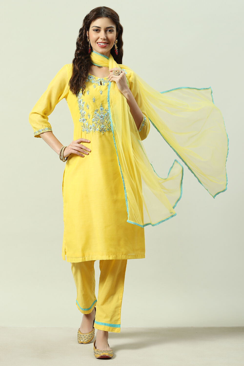 Turquoise Yarndyed A-Line Kurta Regular Pants Suit Set image number 0