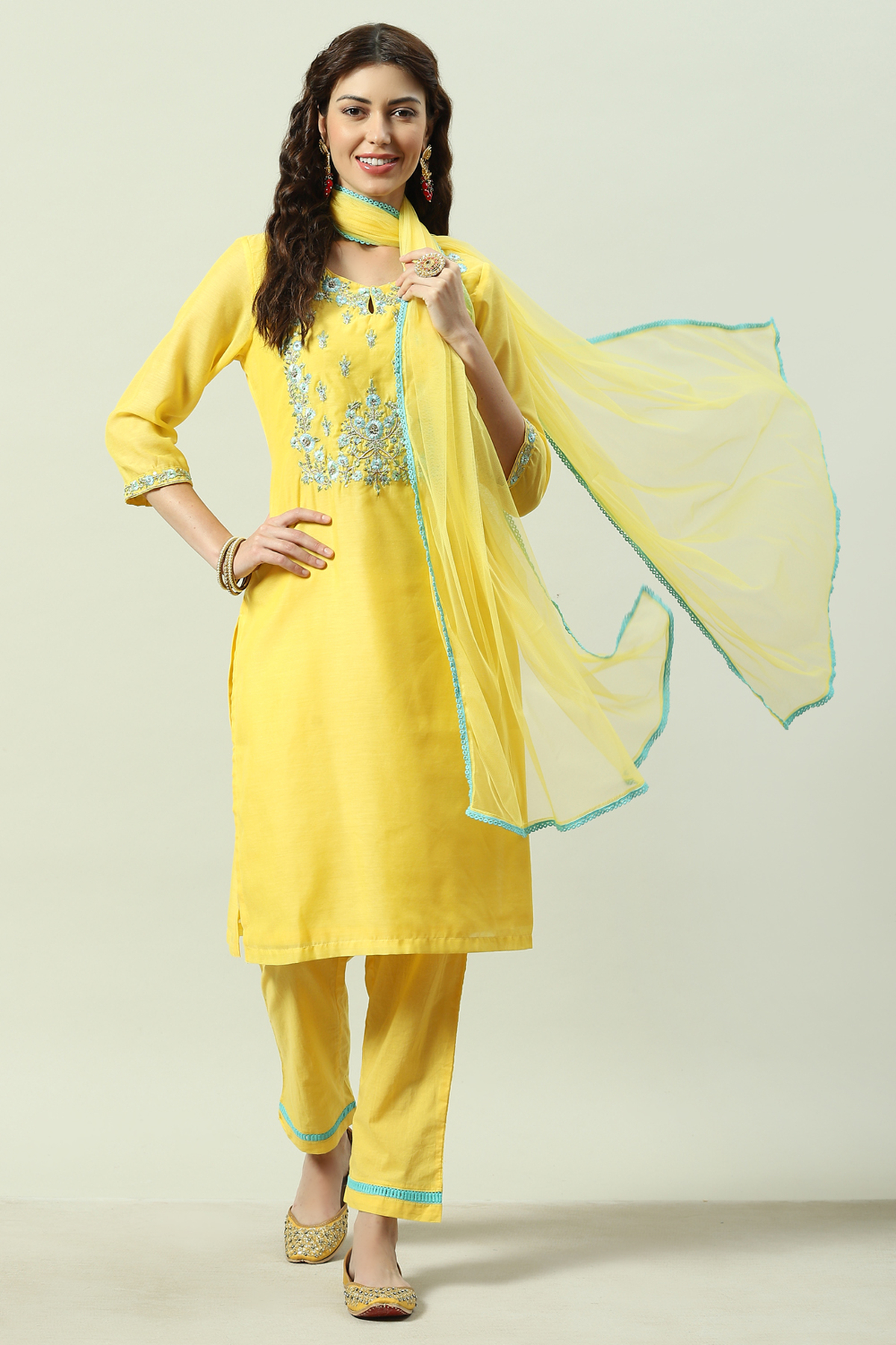 Biba by Rohit Bal Yellow Yarndyed A-Line Kurta Regular Pants Suit Set