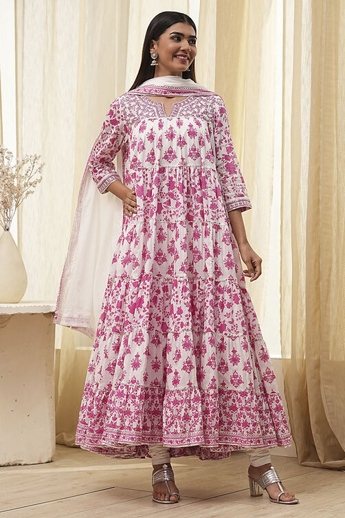 Off-White and Pink Cotton Floral Tiered Suit Set image number 6