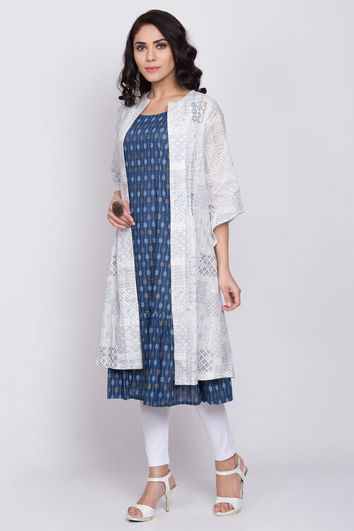 White And Indigo Cotton Front Open Printed Kurta image number 2