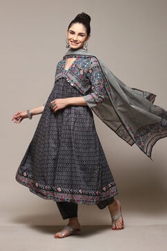 Charcoal Cotton Anarkali Printed Kurta Relaxed Salwar Suit Set image number 1