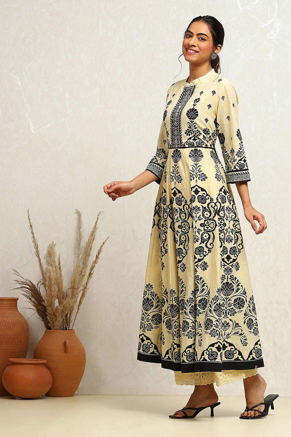 Ecru and Rust Cotton Printed Anarkali Kurta Set image number 3