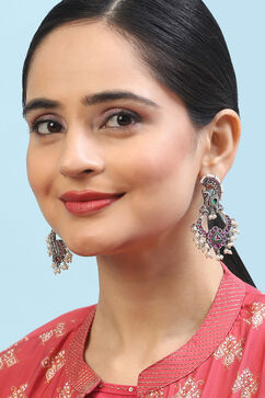 Pink Green Oxidised Brass Earrings image number 3