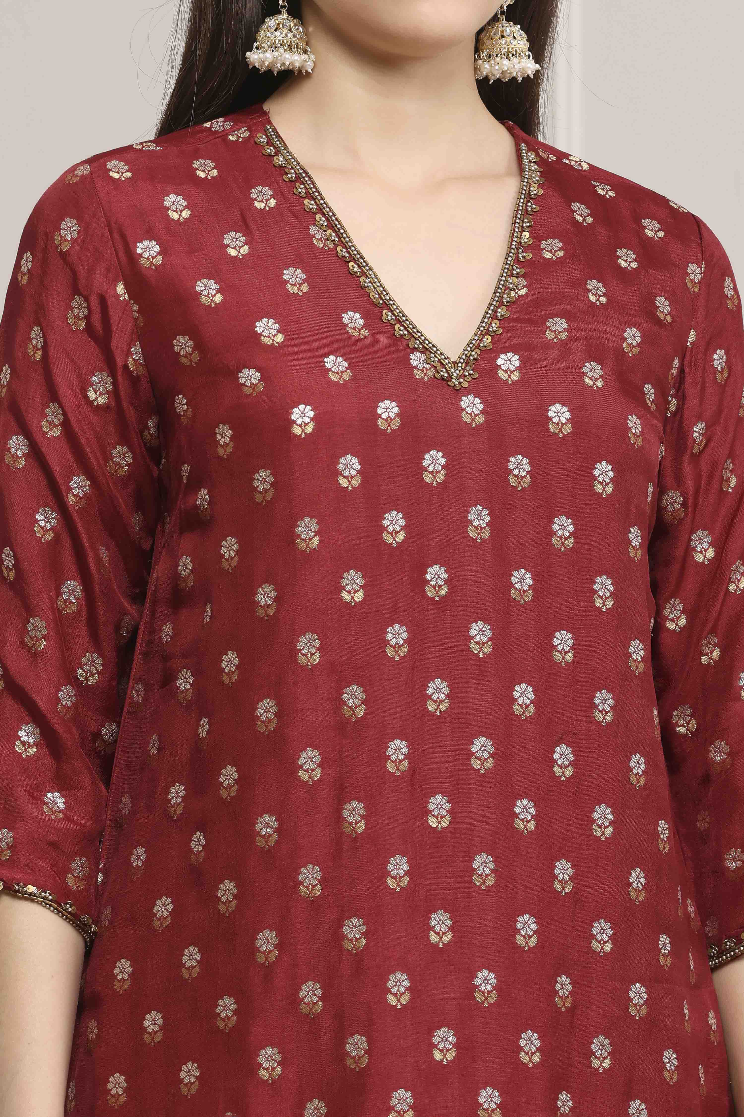 Purple Viscose Dupion Printed Straight Suit Set image number 1