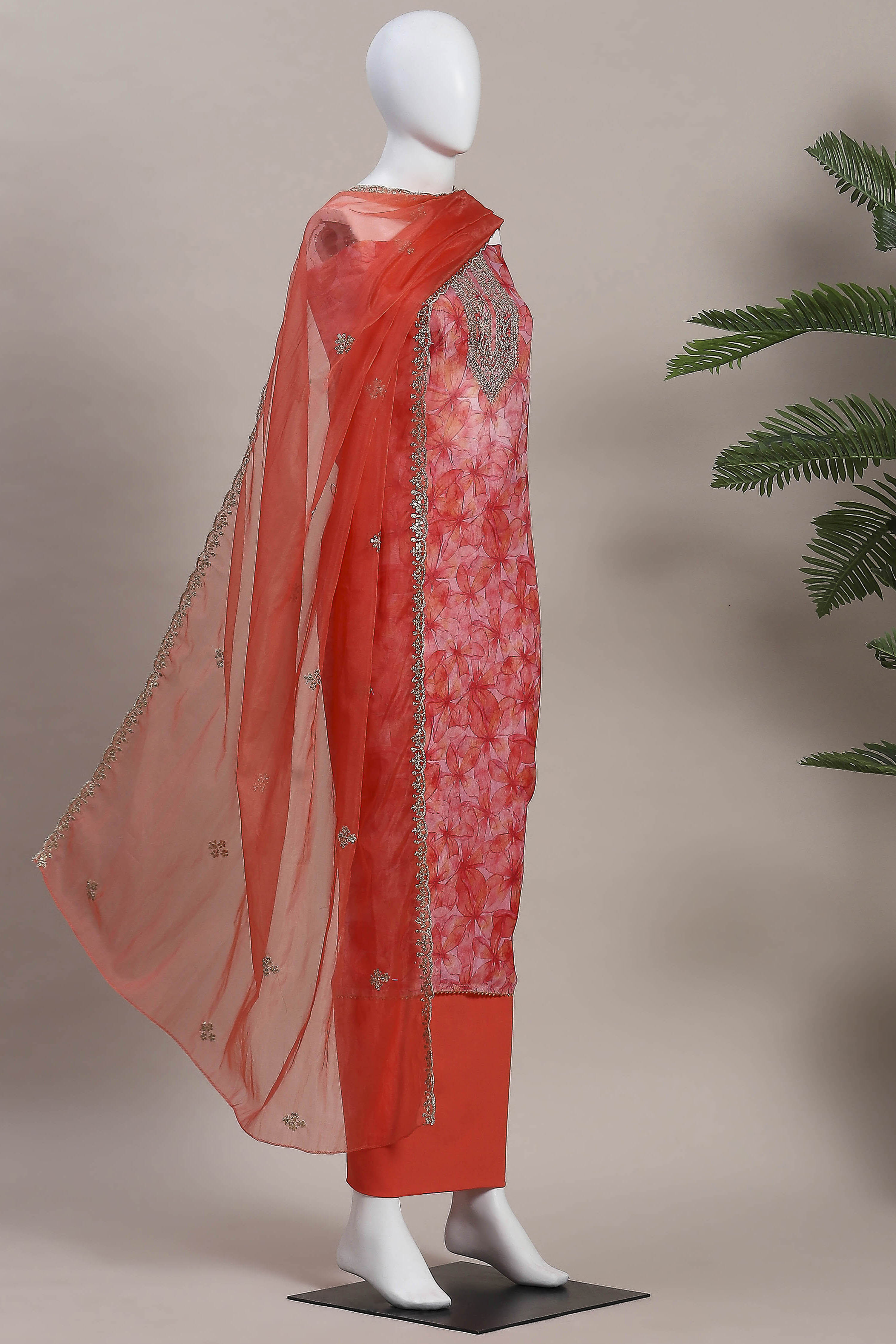 Peach-Colored Organza Rajasthani Print Unstitched Suit Set image number 4