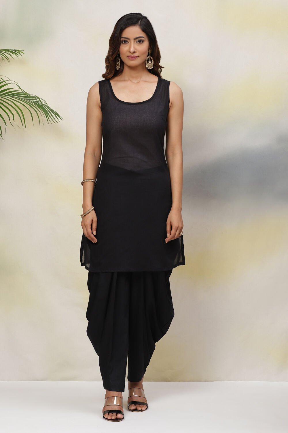 Black Cotton Silk Asymmetric Kurta Dhoti Salwar Suit Set