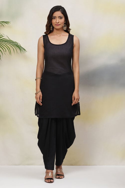 Black Cotton Silk Asymmetric Kurta Dhoti Salwar Suit Set image number 8