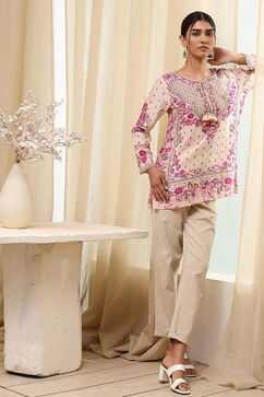 Off-White and Pink Modal Blend Straight Short Kurta image number 0