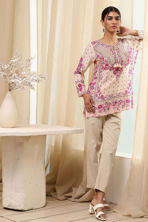 Off-White and Pink Modal Blend Straight Short Kurta image number 0