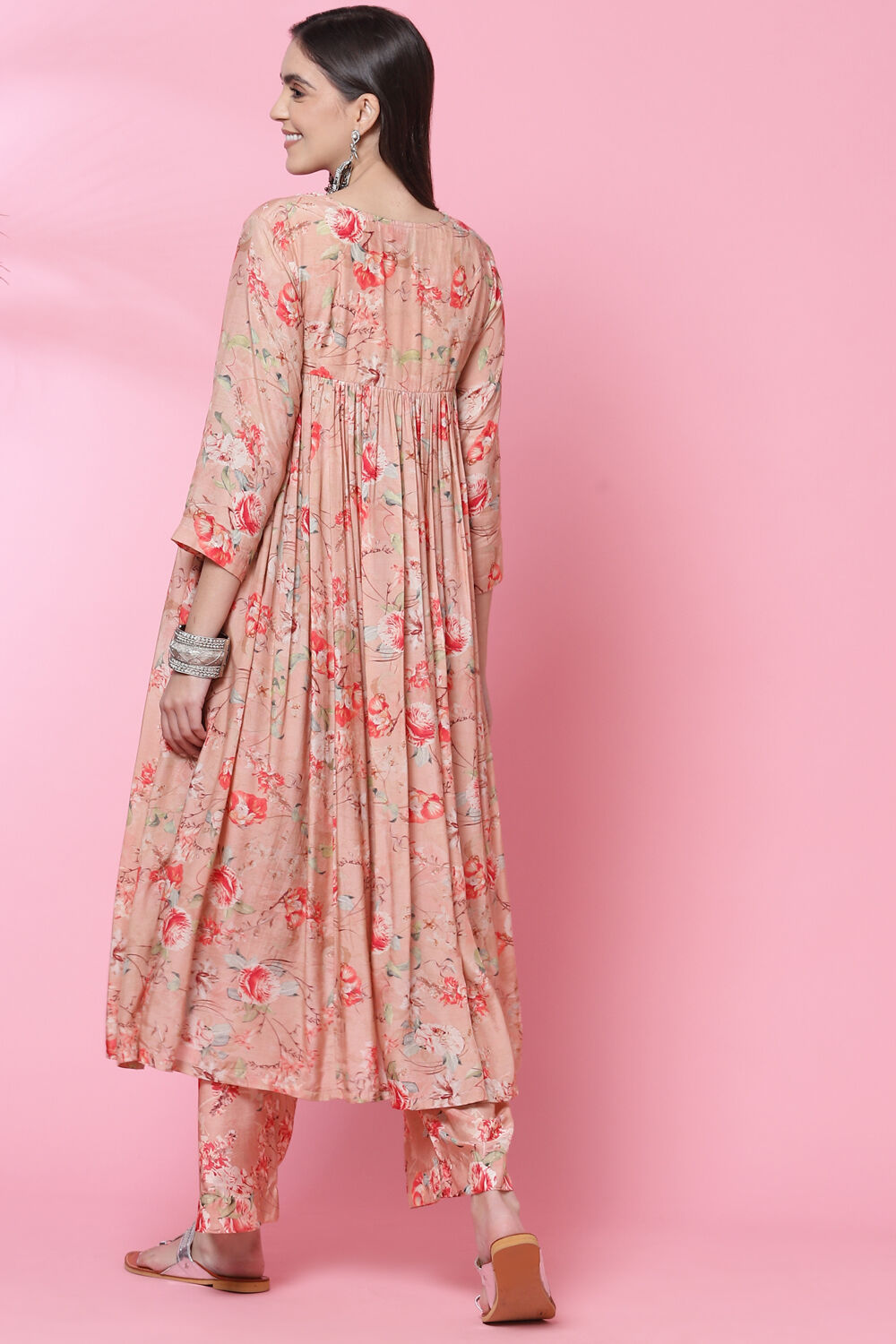 Dusky Peach Cotton Modal Flared Kurta Palazzo Suit Set image number 4