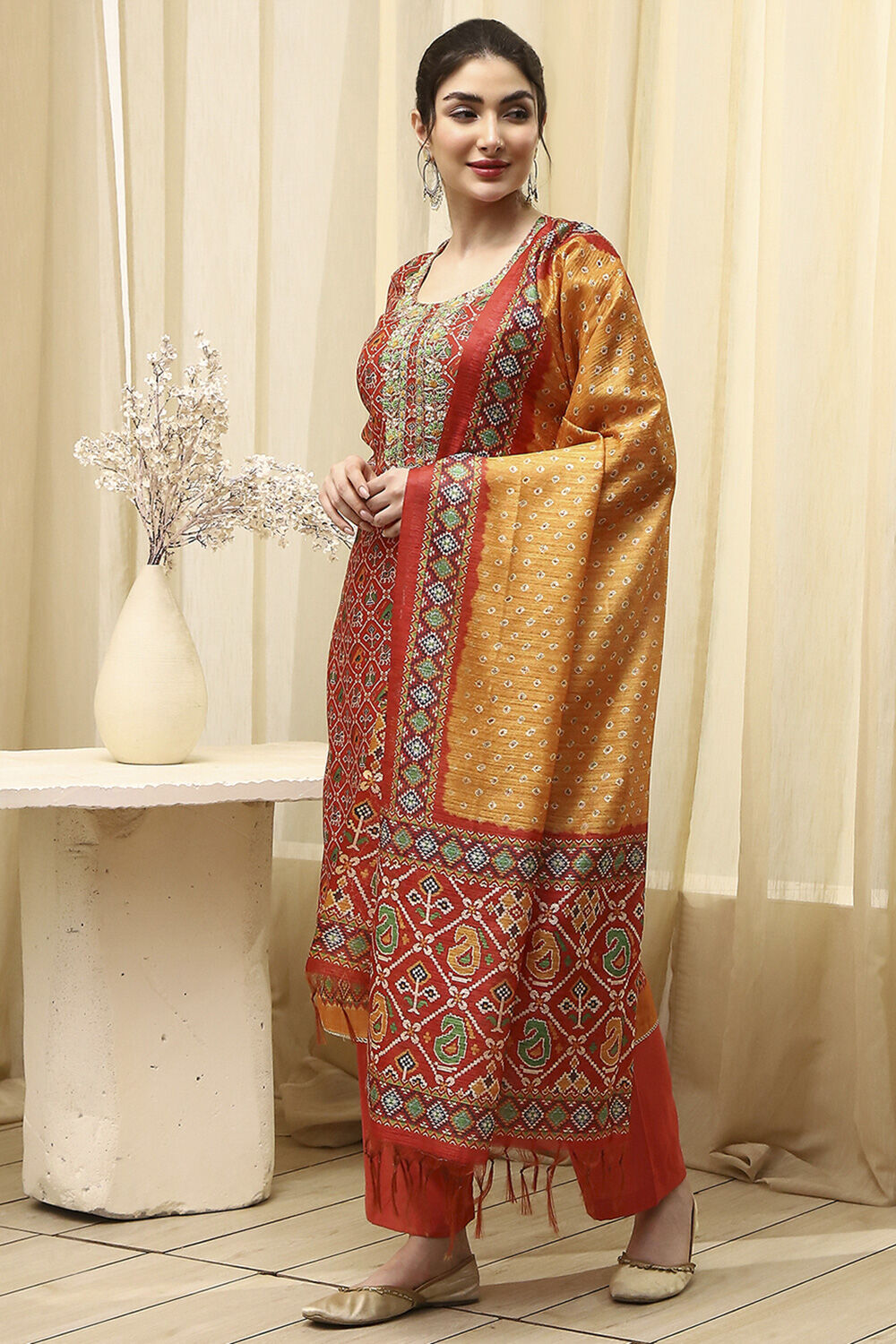 Red Chanderi Machine Embroidered Unstitched Suit Set image number 4