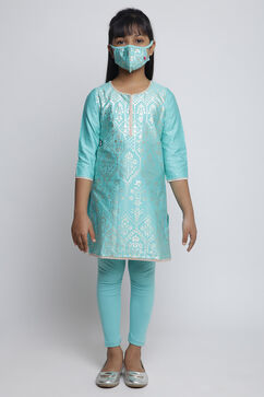 Turquoise Cotton Straight Kurta Legging Suit Set image number 0
