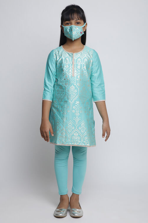 Turquoise Cotton Straight Kurta Legging Suit Set image number 0