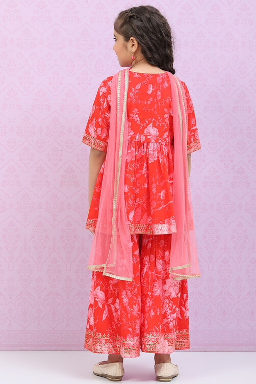 Coral Red Cotton Straight  Kurta Palazzo Suit Set image number 4