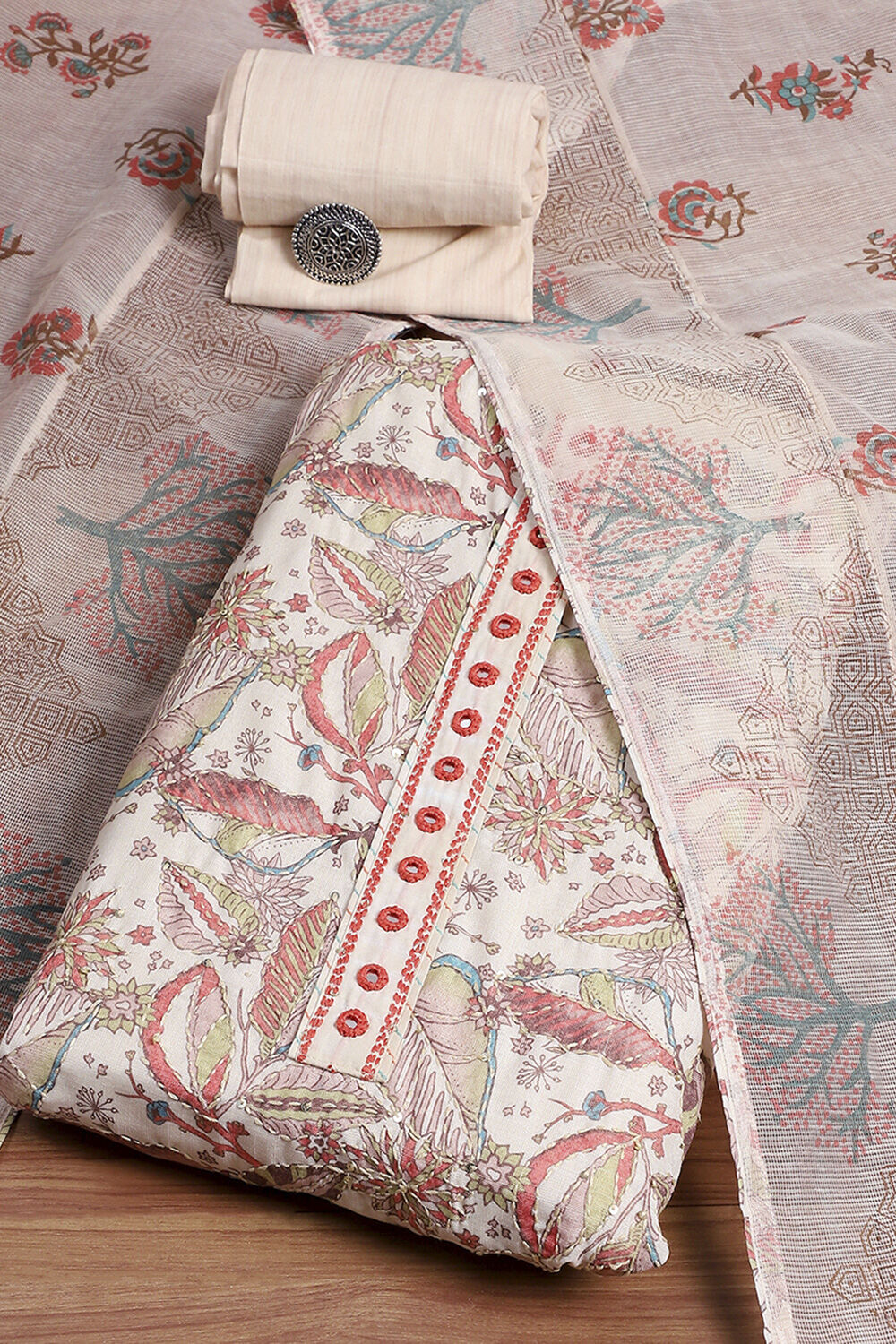 Military Green Cotton Unstitched Suit Set image number 0