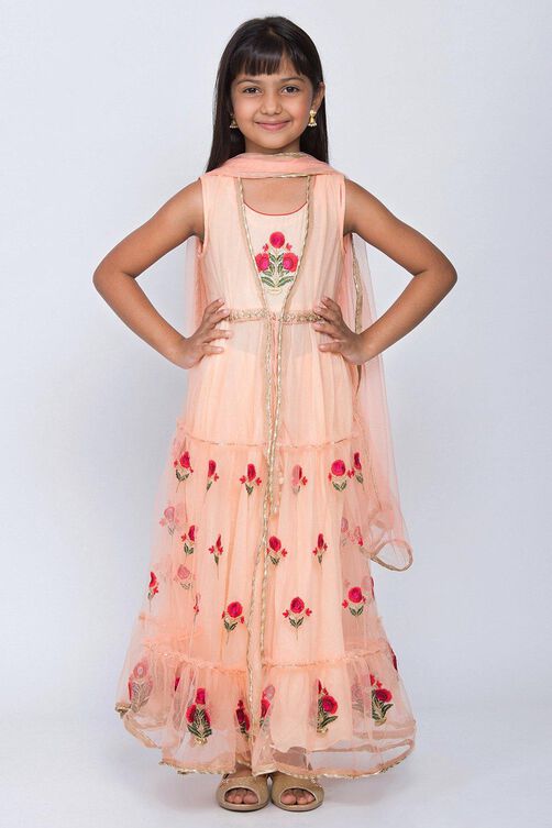 Peach Front Open Nylon Kurta Churidar Suit Set image number 0