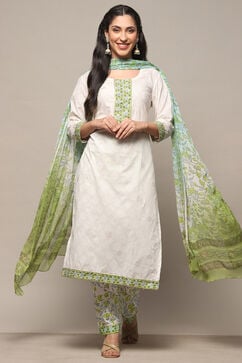White Green Cotton Unstitched Suit set image number 1