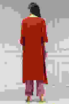 Red Satin Solid Kaftan-Style Kurta Set image number 4