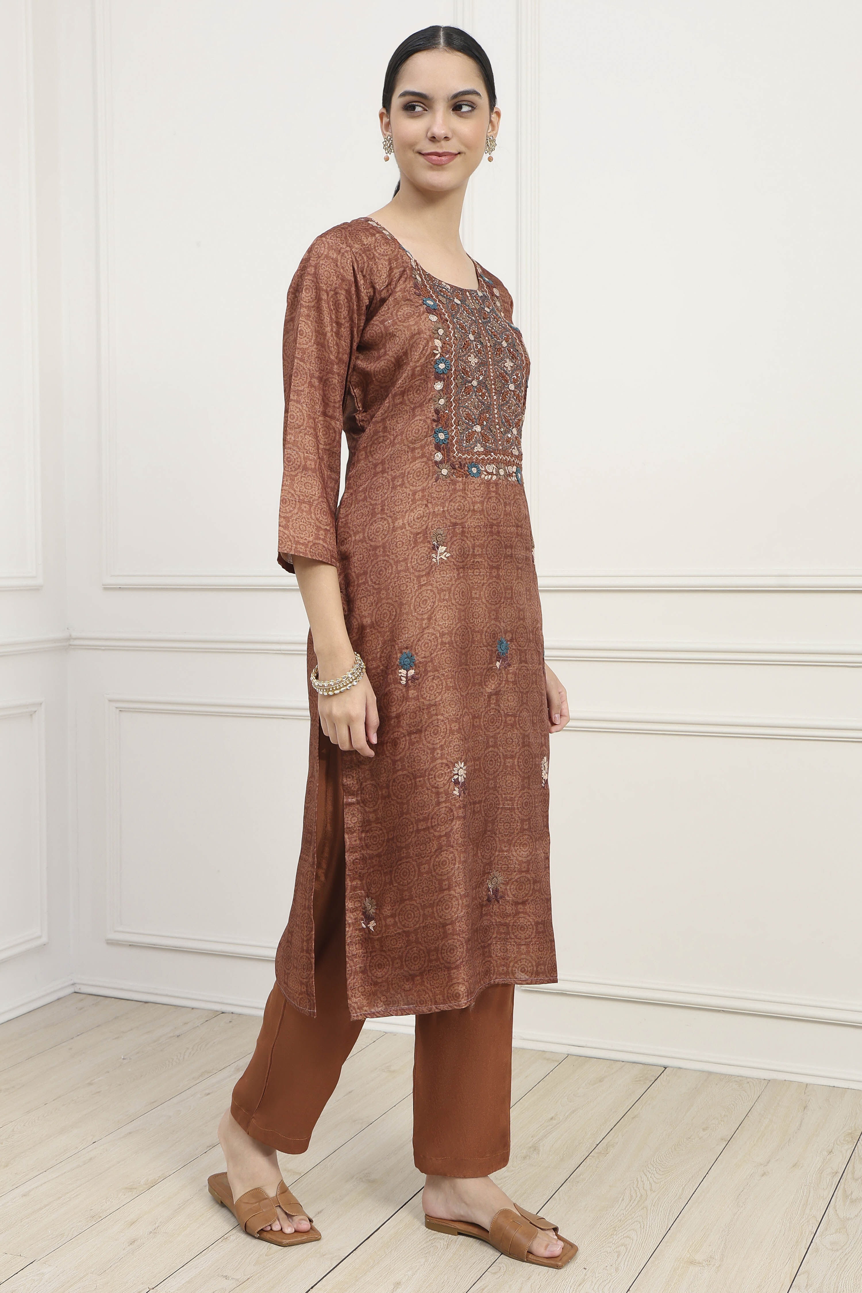 Mustard Silk Tussar Hand Embroidered Unstitched Suit Set image number 6