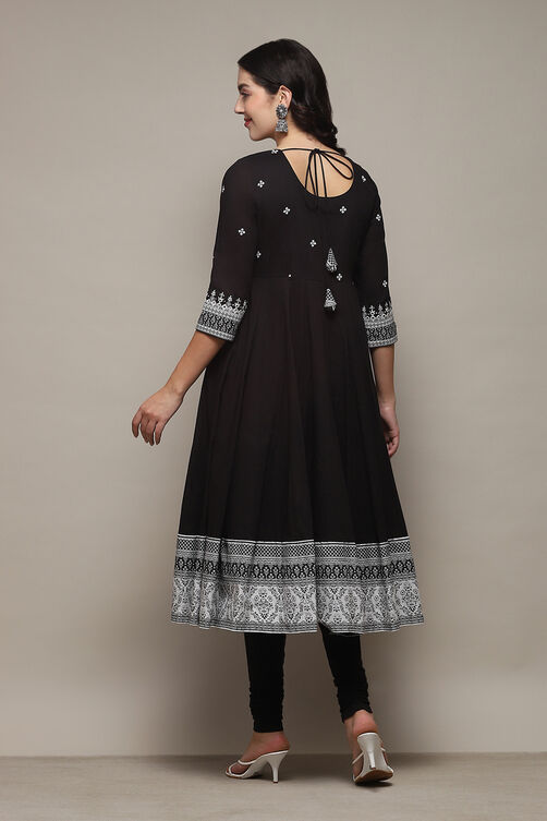 Black Cotton Anarkali Kurta Churidar Suit Set image number 5