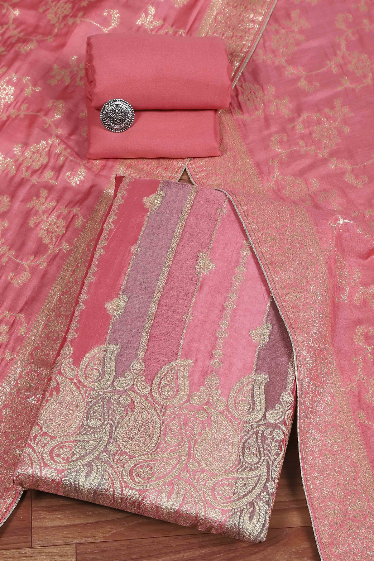 Pink Cotton Printed Embroidered Unstitched Suit Set
