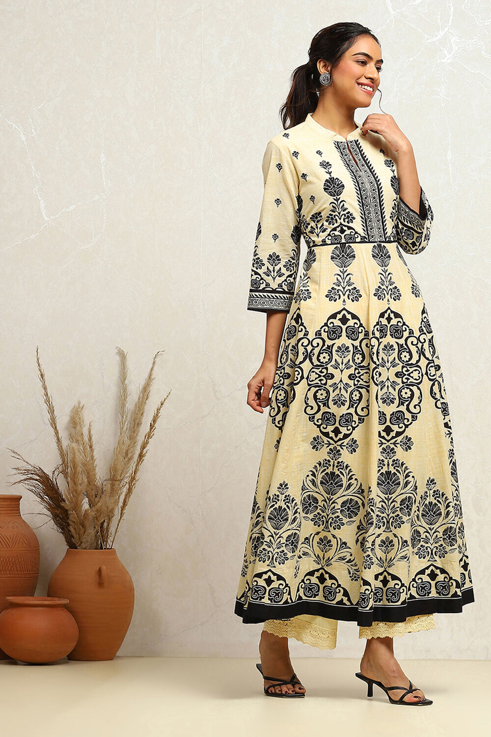 Ecru and Rust Cotton Printed Anarkali Kurta Set image number 5