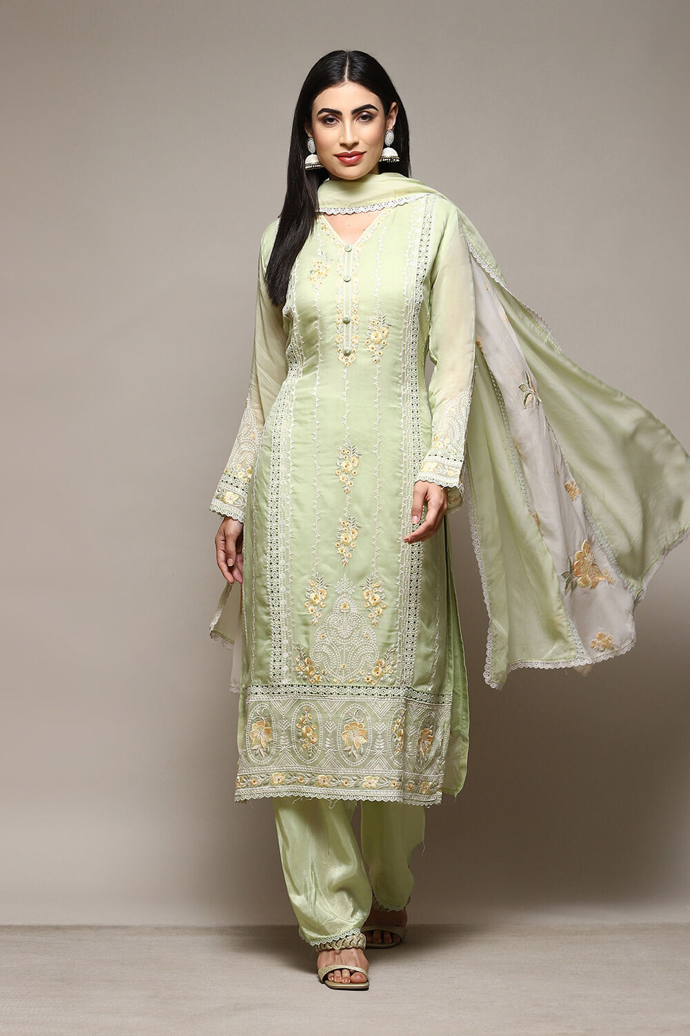 Light Green Organza Digital Print Unstitched Suit Set image number 8