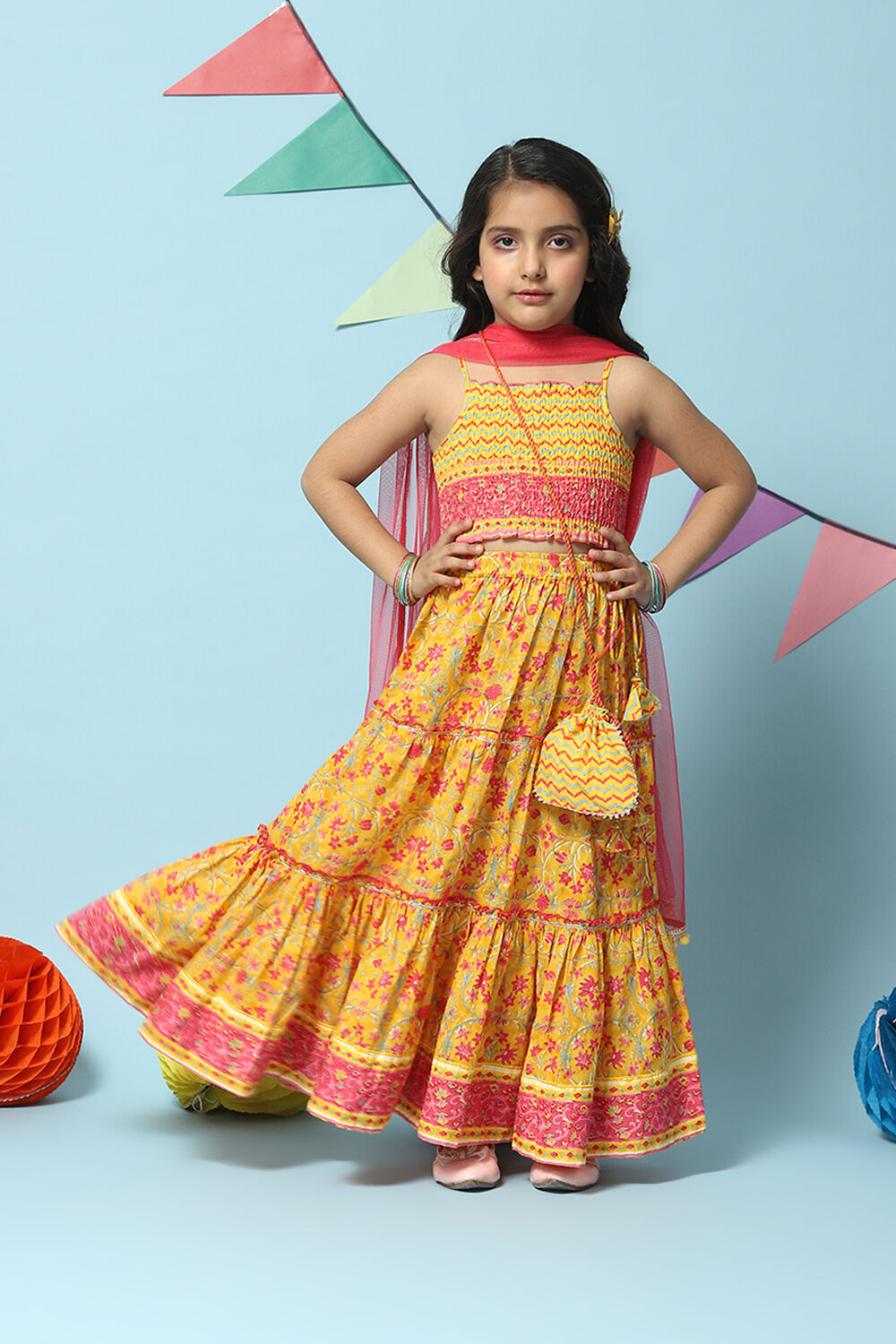 Yellow Cotton Short Top Lehenga Set image number 7