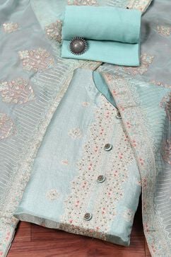 Turquoise Banarasi Silk Digital Print Unstitched Suit Set image number 0