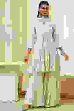 Off-White Cotton Embroidered Flared Suit Set image number 6