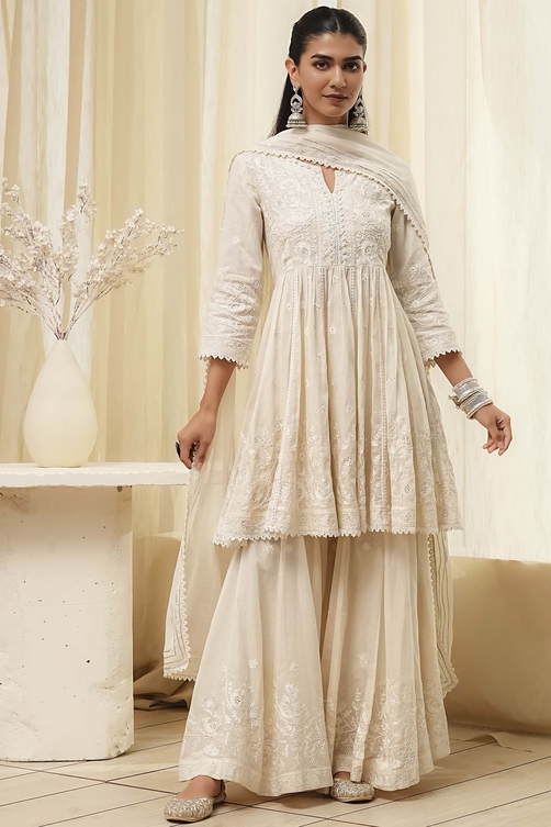 Off-White Cotton Embroidered Flared Suit Set image number 6