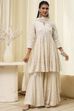 Off-White Cotton Embroidered Flared Suit Set image number 6