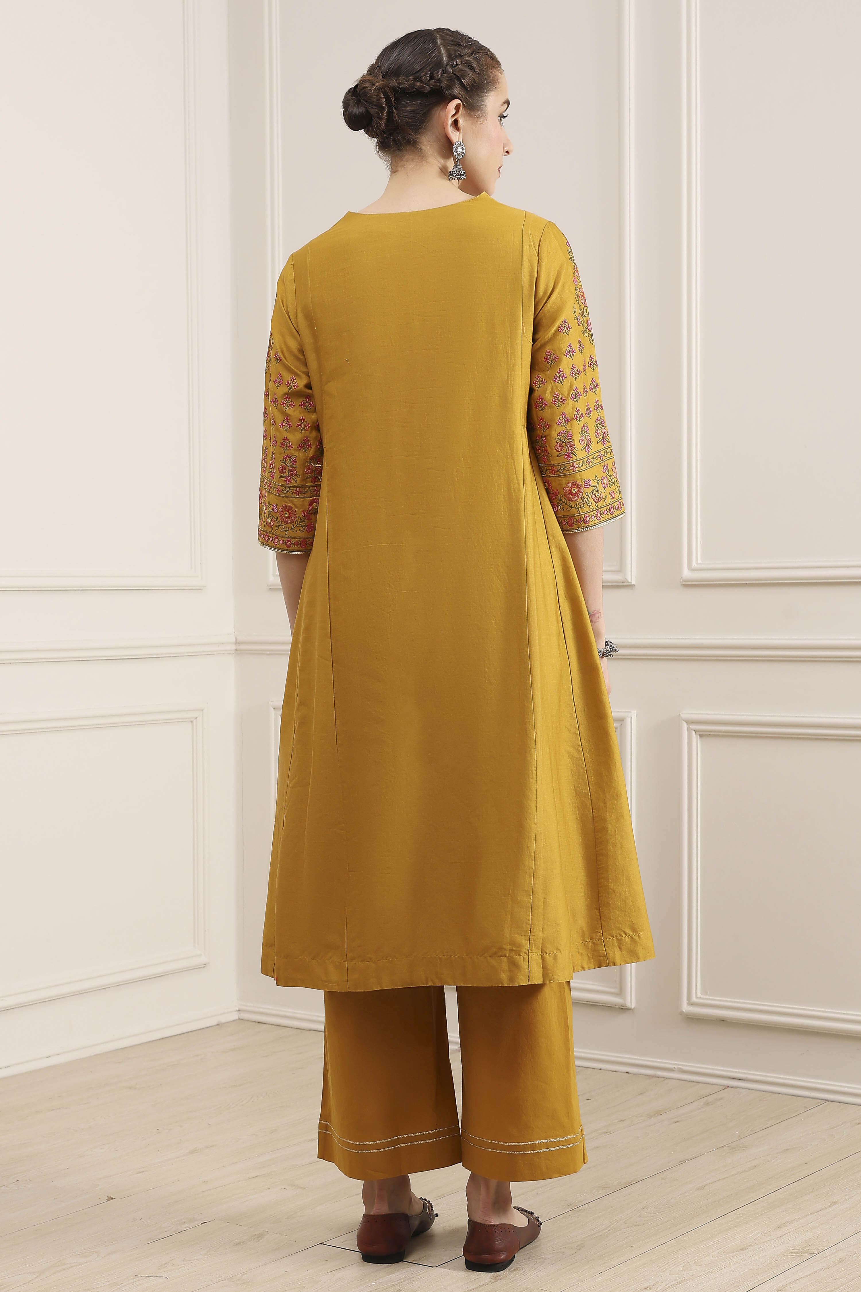Mustard Yellow Cotton Embroidered Kalidar Suit Set image number 4