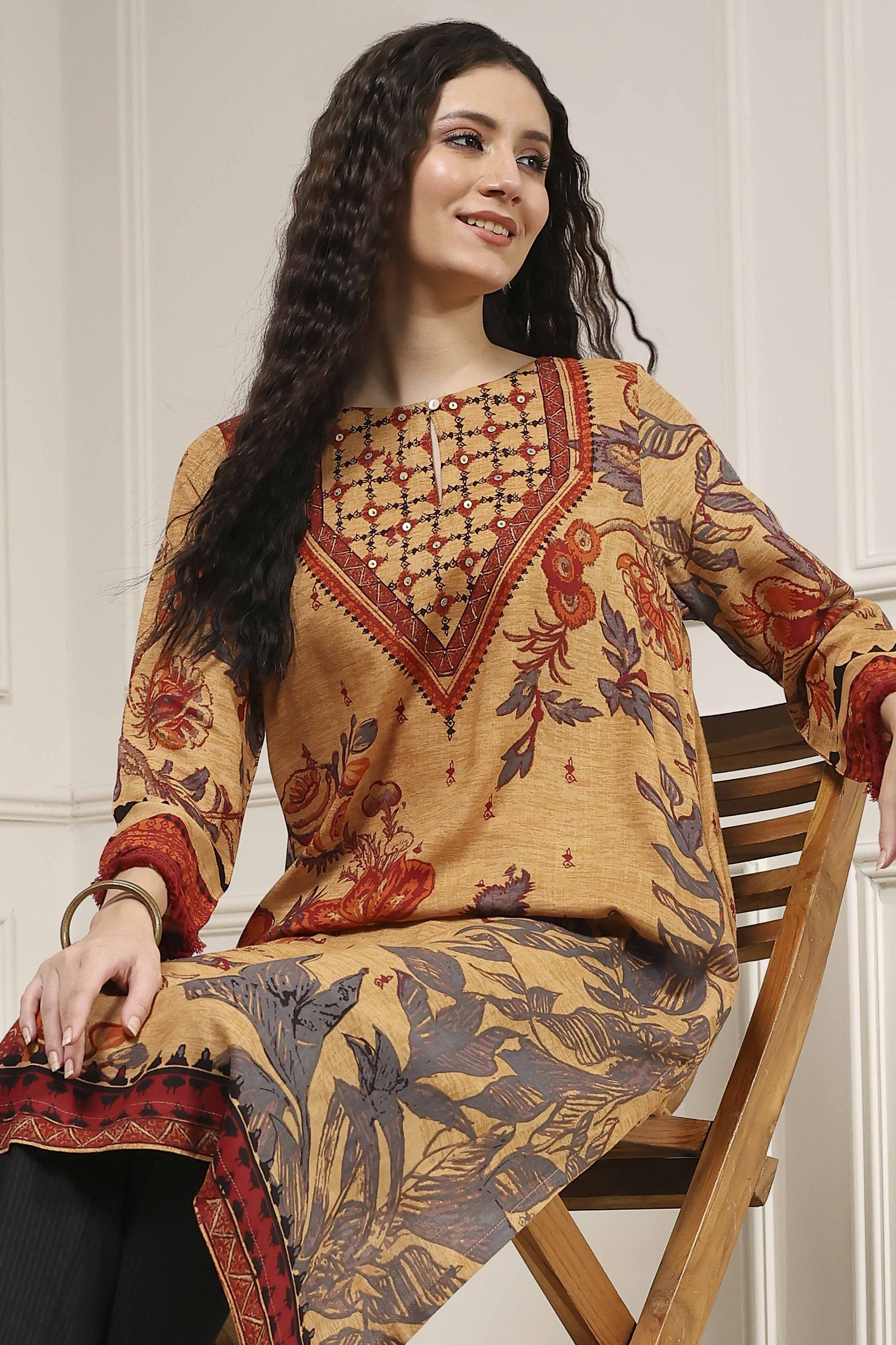 Beige Printed Straight Kurta image number 6