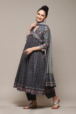 Charcoal Cotton Anarkali Printed Kurta Relaxed Salwar Suit Set image number 5