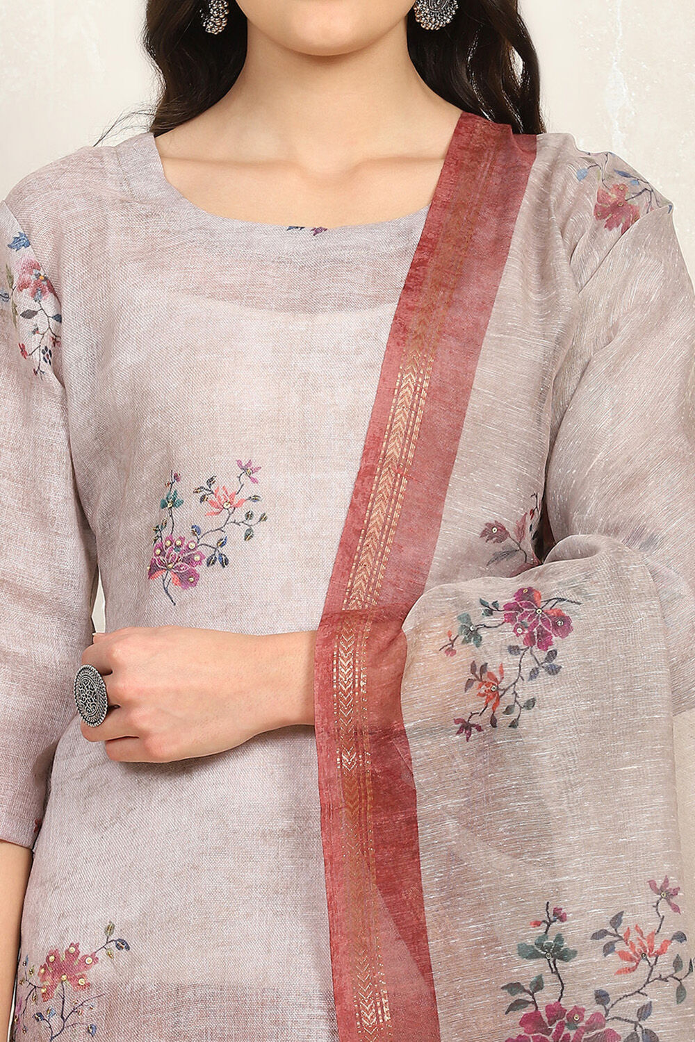 Rust Linen Printed Unstitched Suit Set image number 2