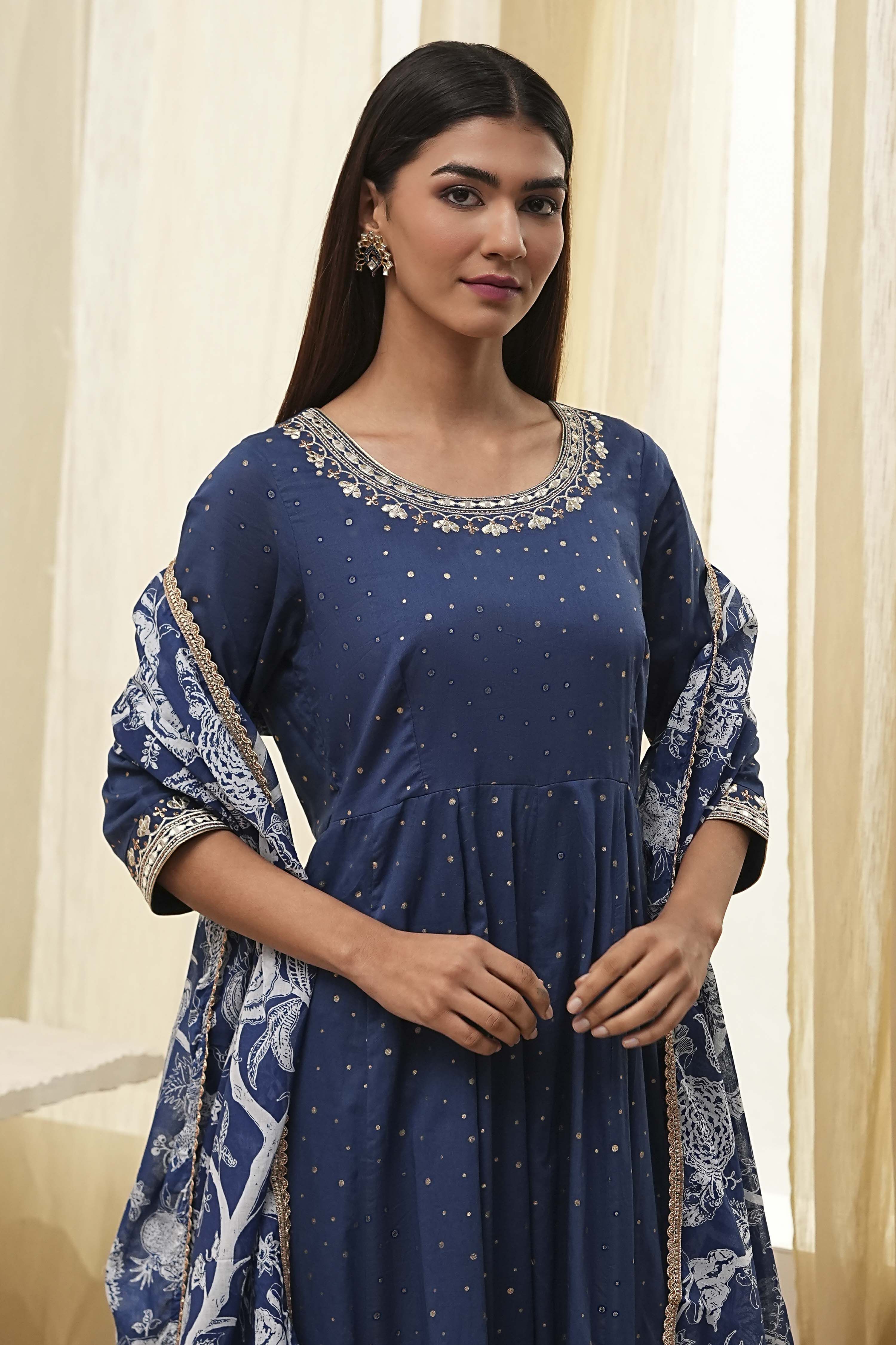 Blue Cotton Foil Printed Anarkali Suit Set image number 1